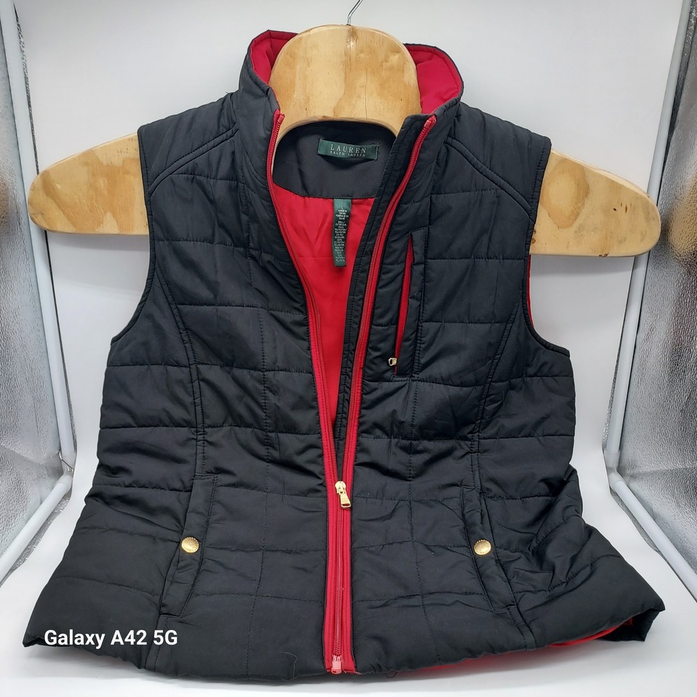 Lauren Ralph Lauren Womens Quilted Puffer Vest Black Red Zip Front Large